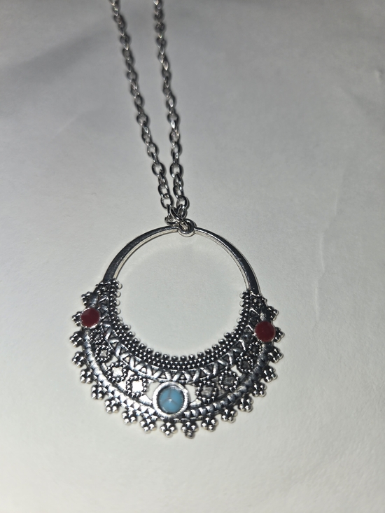 Jewelry - Silver Boho Pendant Necklace with Turquoise and Red Accents